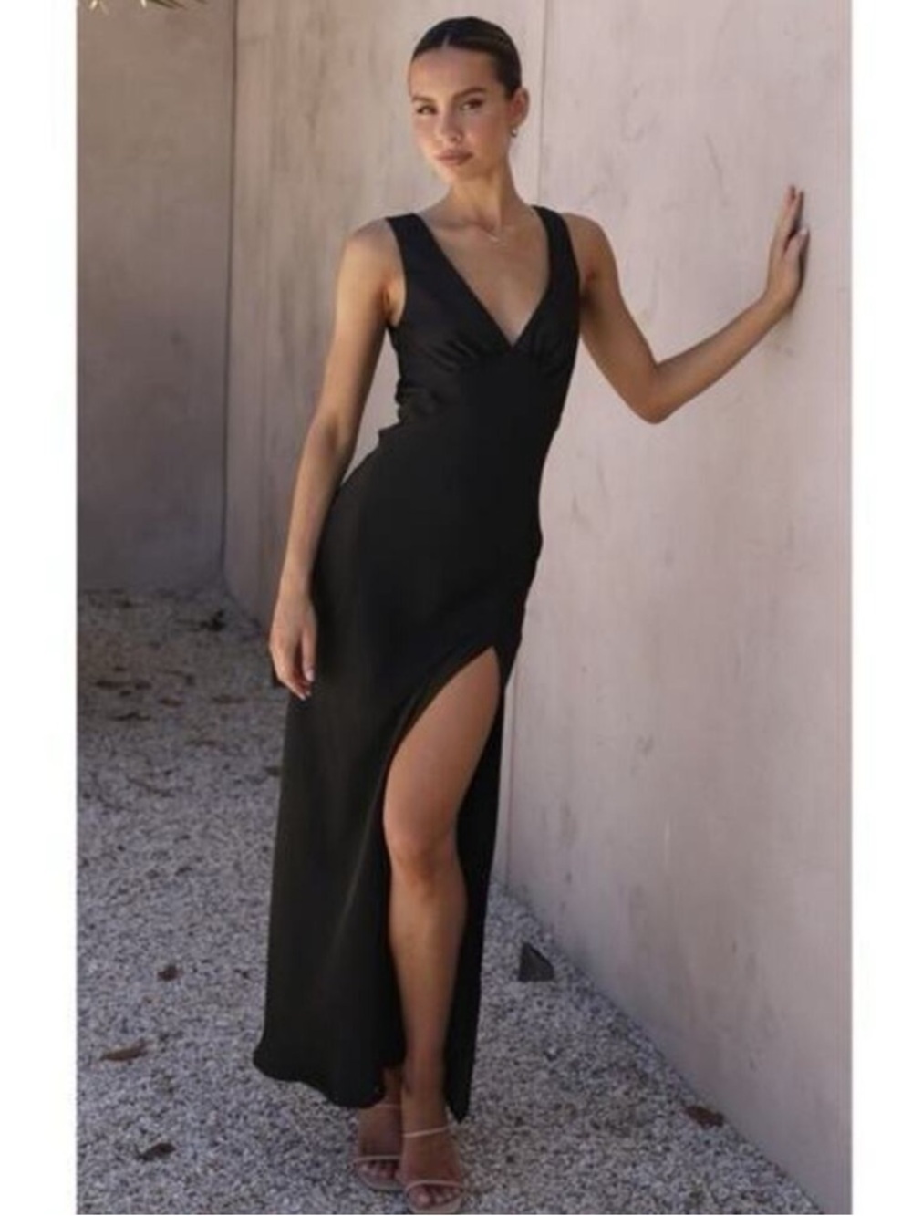 Billy J Taylor Dress Black Satin V Neck Leg Slit Maxi NWT Size US 8